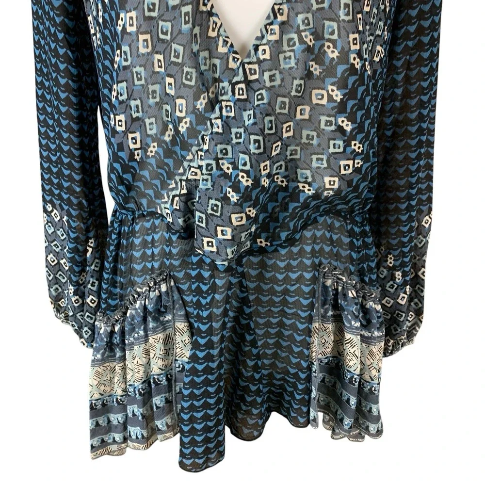 Free People Boho Elephant Print Ruffle Hem Wrap Sheer Top Small Long Sleeve Blue
